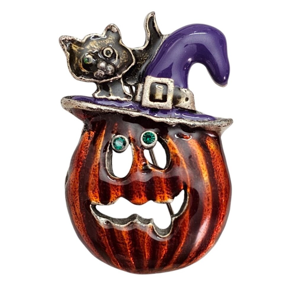 Pumpkin In Witch Hat Brooch, Black Cat L429